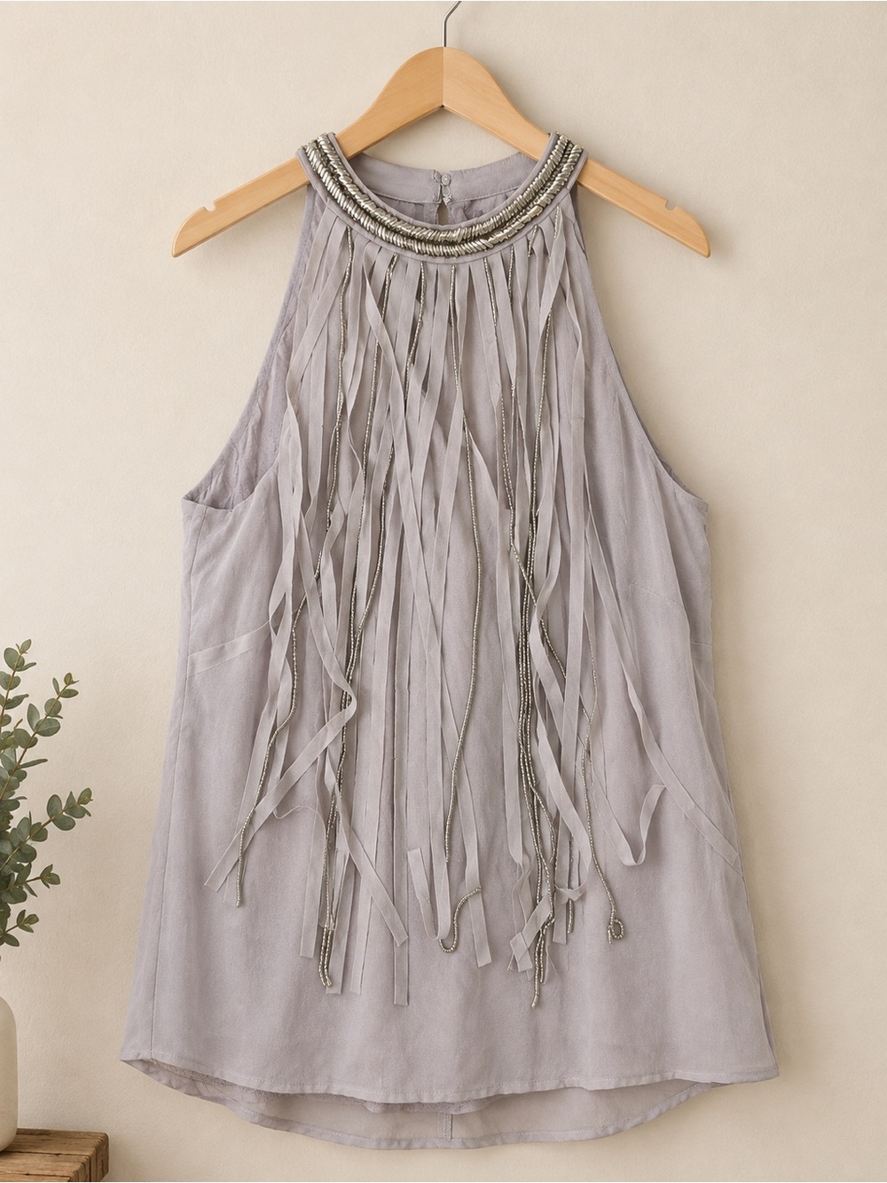 Rock & Roll Cowgirl Beaded Fringe Halter Camisole - Light Gray